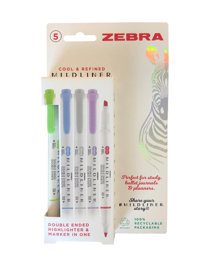 Zebra Mildliner Double Ended Brush Pen, Cool & Refined Pack of 5