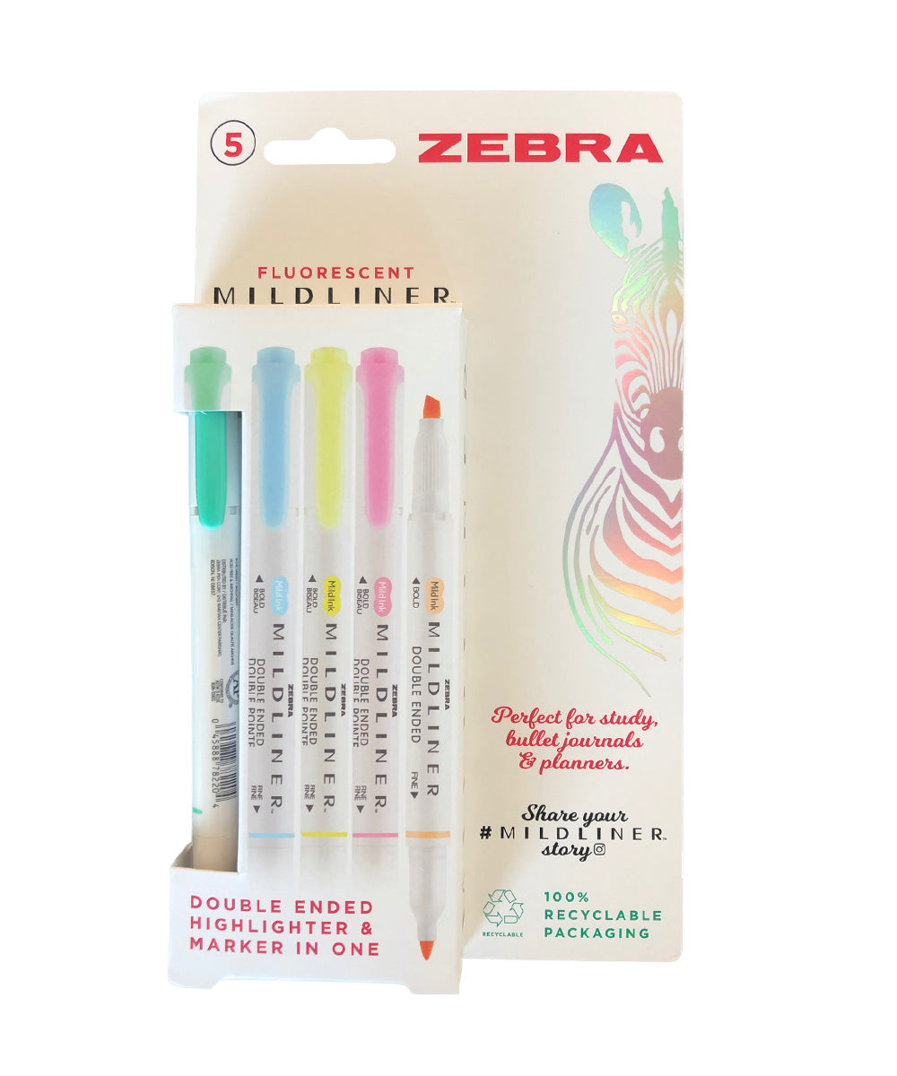 Zebra Mildliner Double-Sided Highlighter - Fine / Bold - 5 Mild &  Fluorescent Color Set